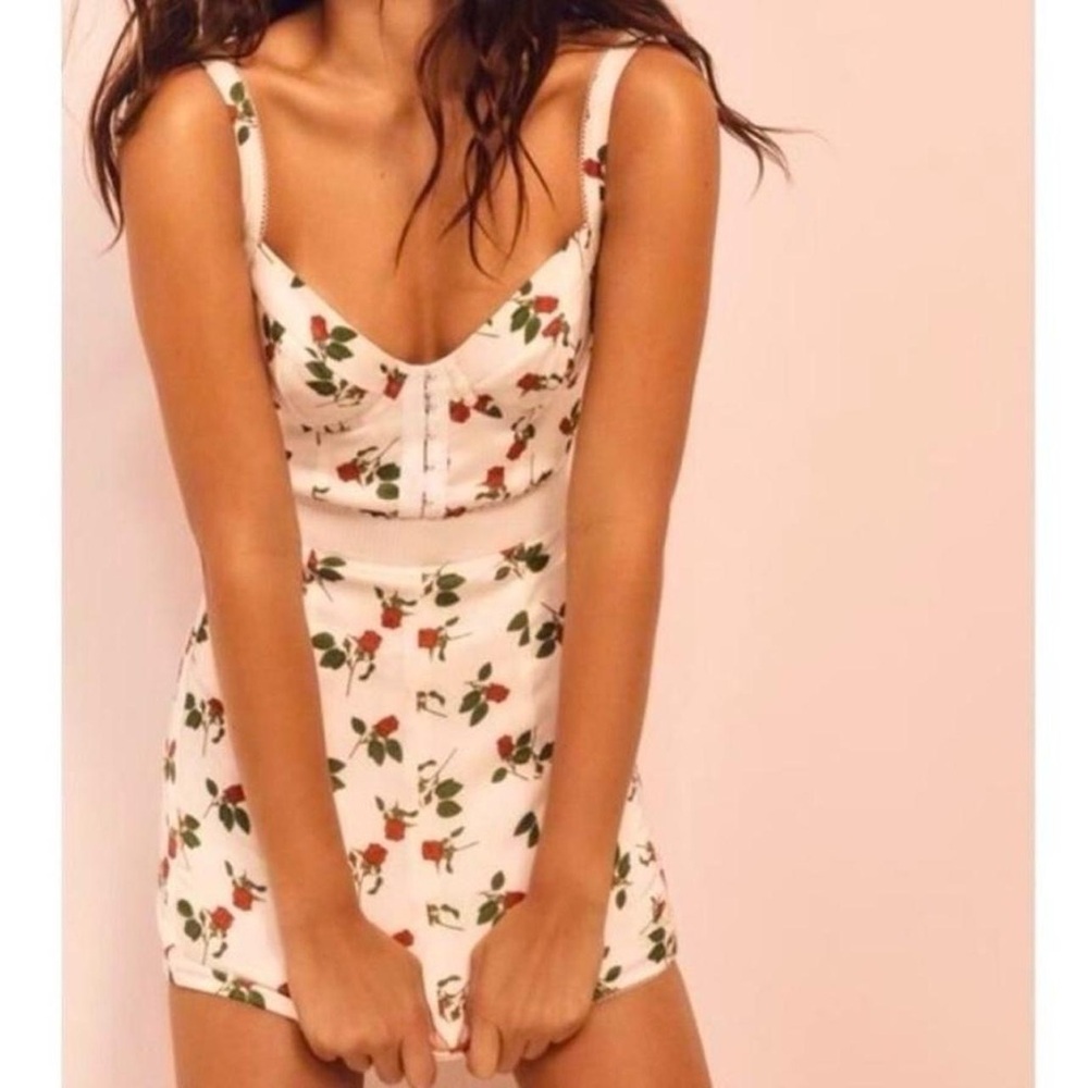 For Love & Lemons Love Song Rose Print Silky Mini Dress - S